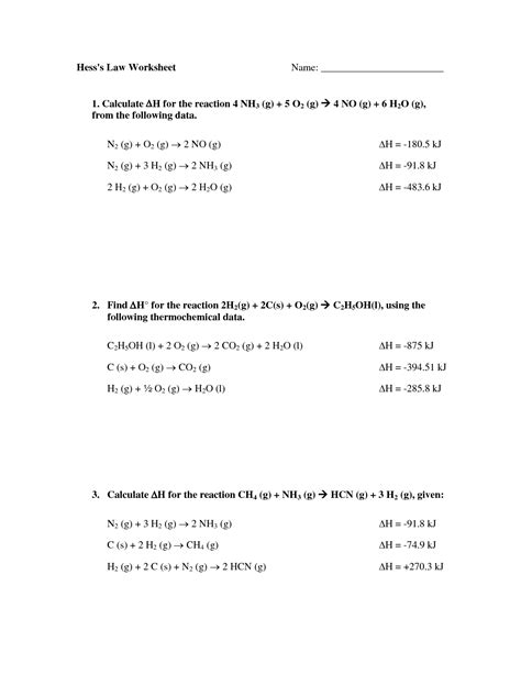 Hess Law Worksheet With Answers