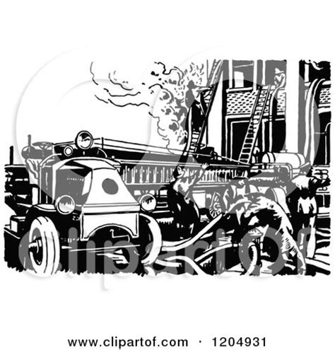 Clipart of a Vintage Black and White Fire Engine - Royalty Free Vector ...