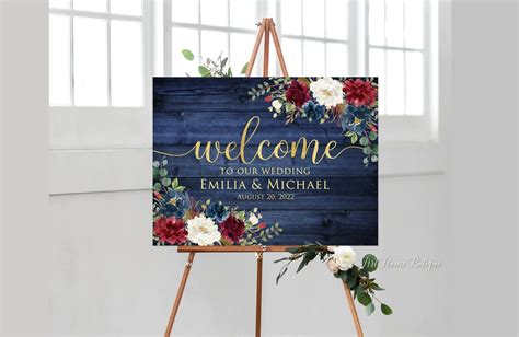 Rustic Welcome Wedding Sign, Welcome to Our Wedding Sign, Burgundy Navy ...