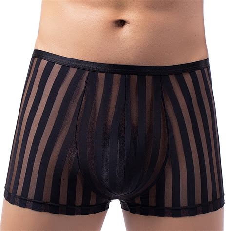 CLEVER MENMODE Men Mesh Boxers Transparent Striped Underwear Sexy