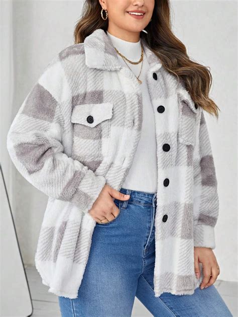 SHEIN LUNE Plus Buffalo Plaid Print Drop Shoulder Flap Pocket Wool Like