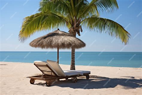 Premium Photo Umbrella And Sun Lounger On The Beach And A Palm Tree