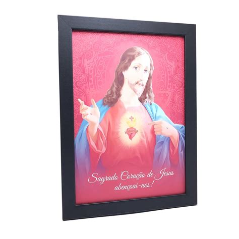 Quadro Sagrado Cora O De Jesus Moldura Preta Simples