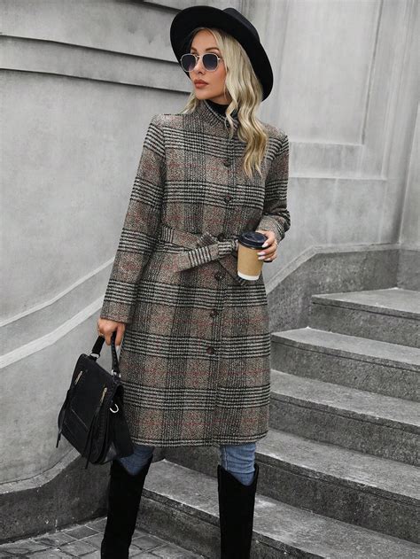 Plaid Print Button Front Overcoat Shein Usa