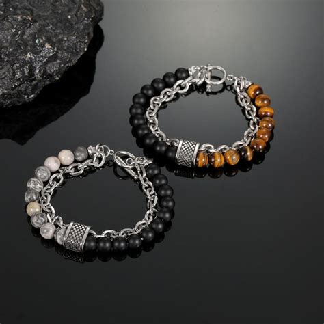 Fashion Hip Hop Beaded Bracelet Men S Titanium Steel Double Layer