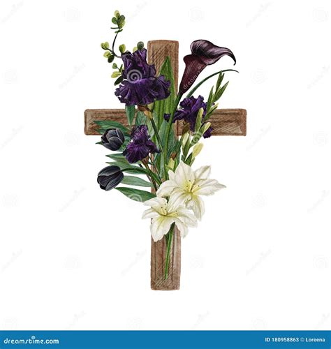 Cruz De Madera Cristiana Decorada Con Flores Y Hojas Stock De