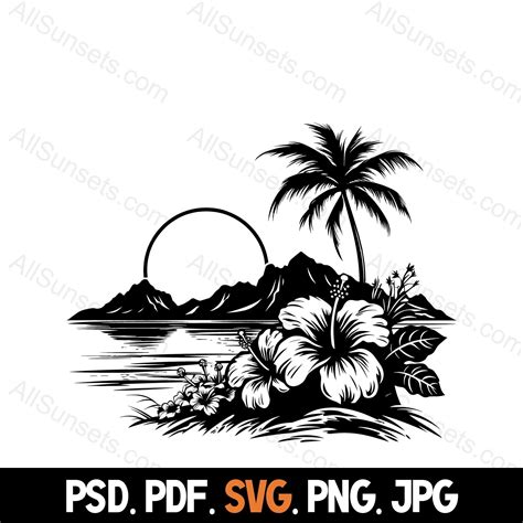 Tropical Hibiscus Flowers Beach Scene Silhouette Svg Png Psd  Pdf