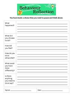 Behaviour Reflection Sheet By The Resource Realm TPT