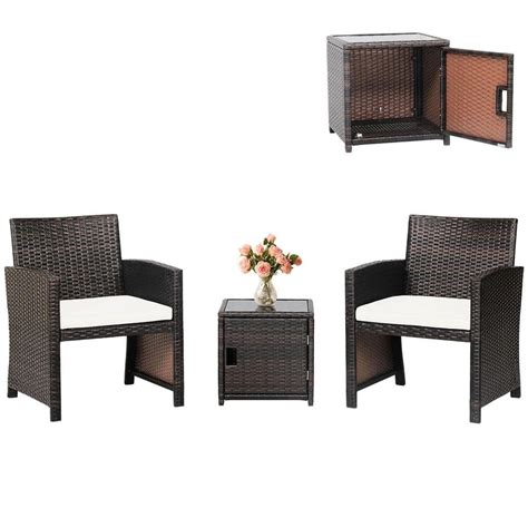 Gymax 3 Pieces Patio PE Rattan Conversation Furniture Set Bistro Set