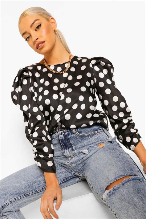 Womens Satin Polka Dot Volume Sleeve Top Boohoo Uk