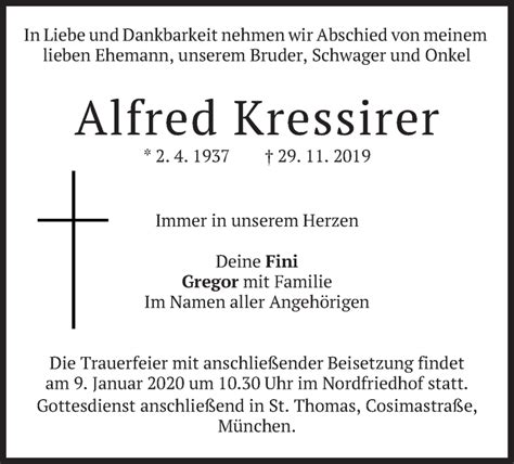 Traueranzeigen Von Alfred Kressirer Trauer Merkur De