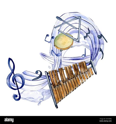 Musical Symbols And Xylophone Watercolor Illustration On White