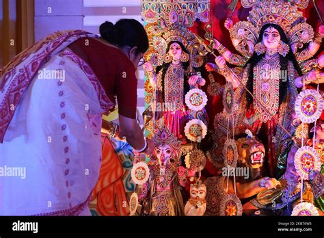 Woman Decorates The Idol The Goddess Durga Before Prayers Commence