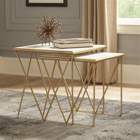 Coaster Bette 2 Piece Marble Top Nesting Table In White And Gold 1