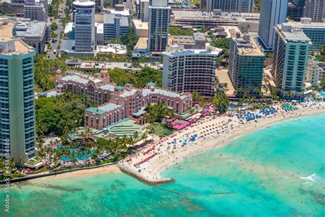 Aerial view of Waikiki Beach, Oahu, Hawaii. Turquoise blue water ...