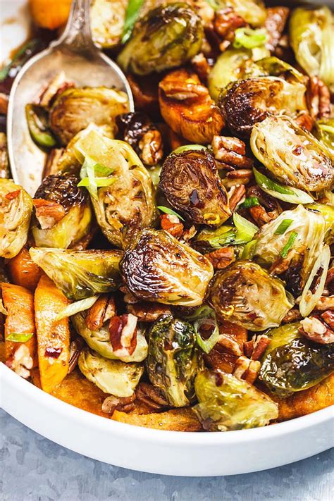 Roasted Brussels Sprouts And Sweet Potato Recipe With Balsamic Honey