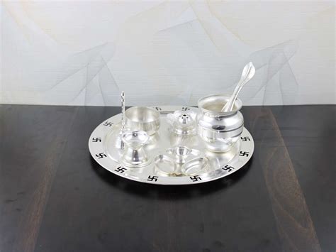 GOLDGIFTIDEAS 9 Inch Vaibhav Swastik Silver Plated Pooja Thali Set