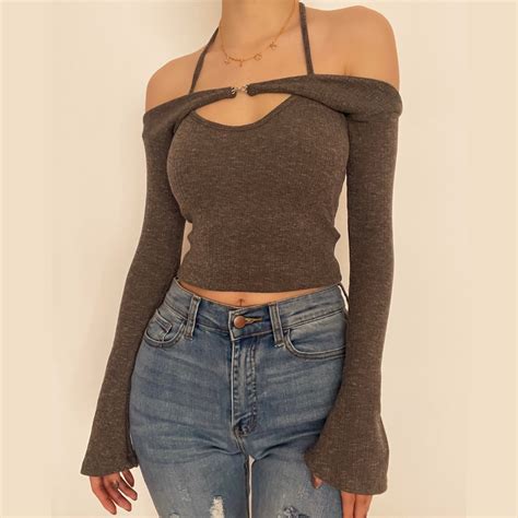 Long Sleeve Off Shoulder Knitted Piece Top In Knit Crop Top