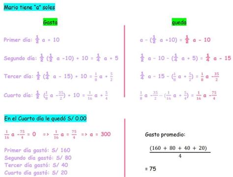 Mario Mario cada día gasta la mitad de lo que tiene más de 10 soles y