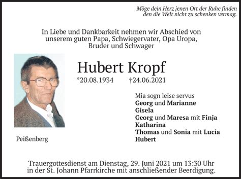 Traueranzeigen Von Hubert Kropf Trauer Merkur De