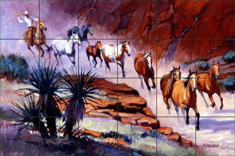 Ceramic Tile Mural Backsplash Senkarik Western Cowboy Horses Art Msa030