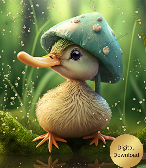 Cute Duck With Mushroom Hat Nursery Art Printable Digital Instant