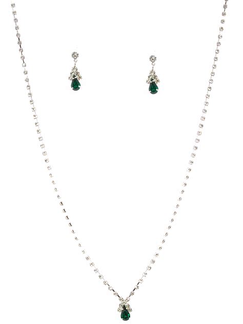 Fashion Jewelry Set Silver Plating Emerald Rhinestone Necklace Earrings