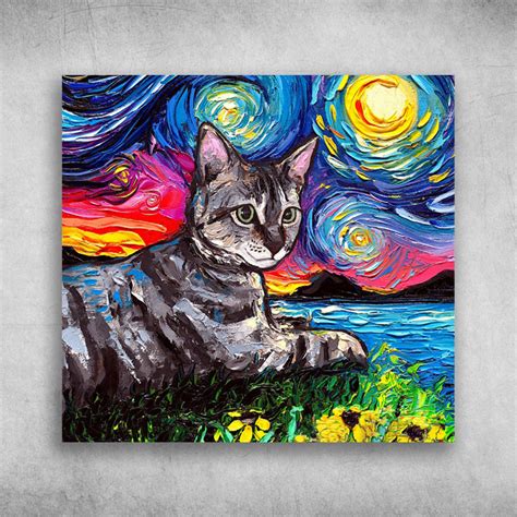 Black Cat Art Starry Night Tabby Tiger Gray Cat - FridayStuff