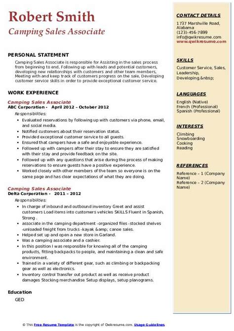 Camping Sales Associate Resume Samples Qwikresume