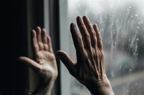 Premium Ai Image Unrecognizable Woman Hands Pressed Against Glass Window