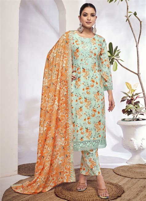 Shop Straight Pant Suit Women Turquoise Cotton Floral Print Embroidered