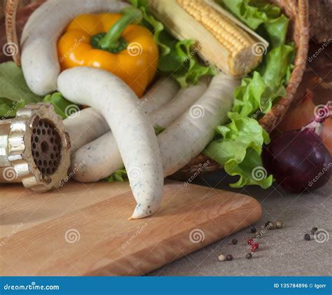 Bavarian Sausages with Greens and Vegetables Stock Photo - Image of dinner, meal: 135784896