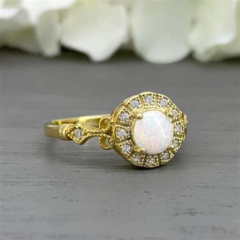 Round White Fire Opal Engagement Ring Yellow Gold Vintage Simulated