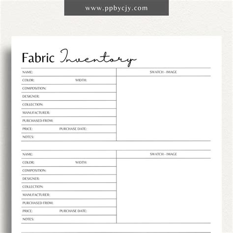 Fabric Stash Inventory Sheet Sewing Project Textile Supplies Log