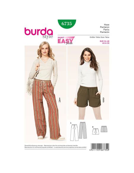 Patron Burda 6735 Pantalon Et Short Femme Avec Coulisse Et Cordon