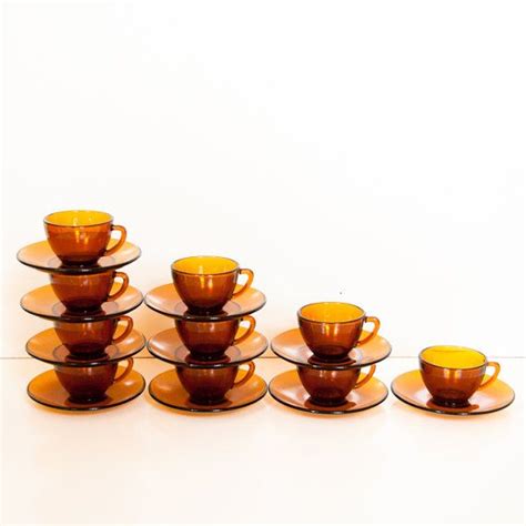 Set Of 10 Adorable Midcentury Amber Glass Tea Cups And Saucers Etsy