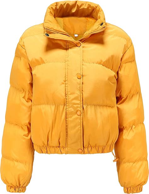 Pikadingnis Women S Cropped Puffer Jacket Winter Zip Up High Collar