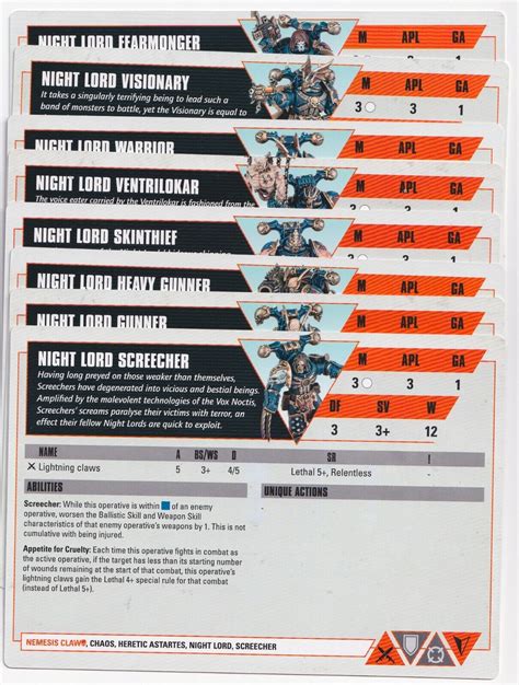 Warhammer K Kill Team Nightmare Chaos Night Lords Reference Cards