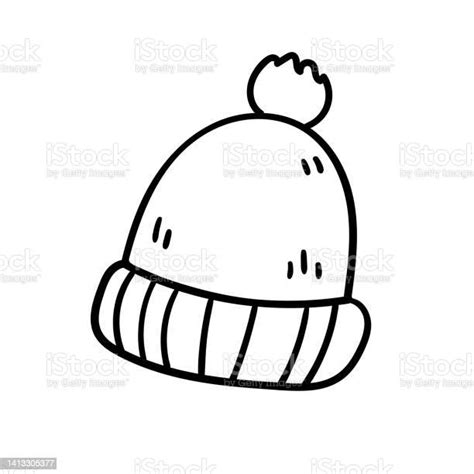 Vector Doodle Knitted Hat With A Pompom Cartoon Winter Line Style Element Isolated On A White