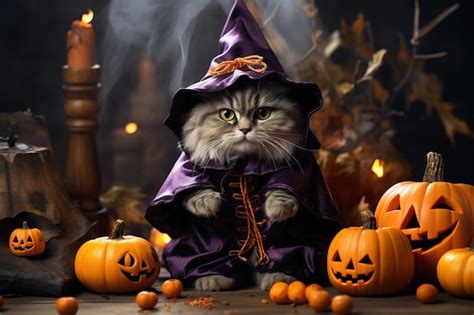 Premium AI Image | Cute cat and pumpkins on Halloween little funny pet ...