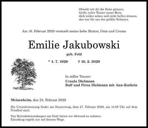 Traueranzeigen Von Emilie Jakubowski Rz Trauer De