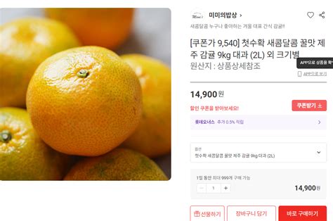 롯데온 제주 감귤 9kg 대과 2l 9540원무배 모든 핫딜 좌표 모음