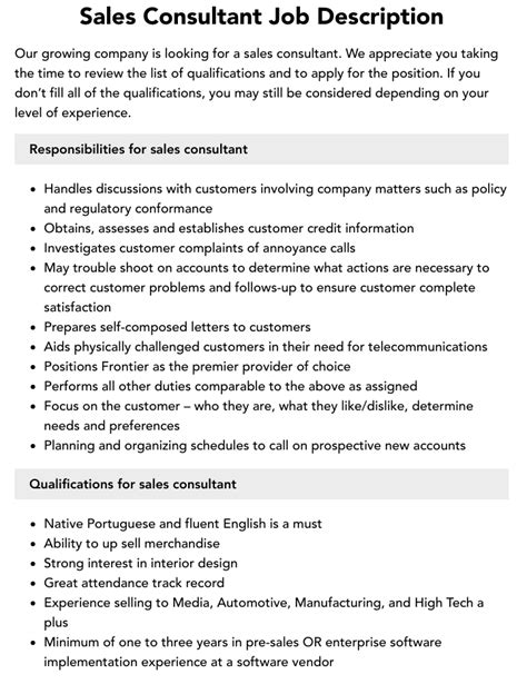 Sales Consultant Job Description Velvet Jobs