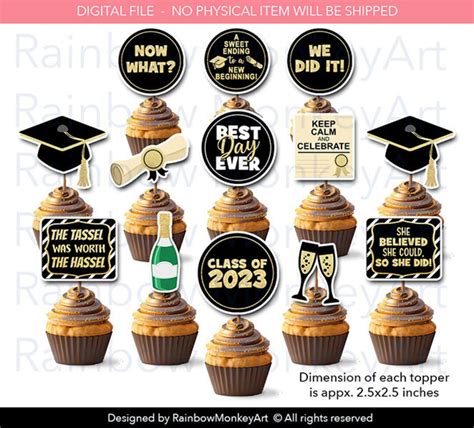 Printable Graduation Cupcake Toppers Black And Gold Graduation Cupcake