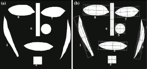 a A synthetic binary image of different shapes and b upper ...