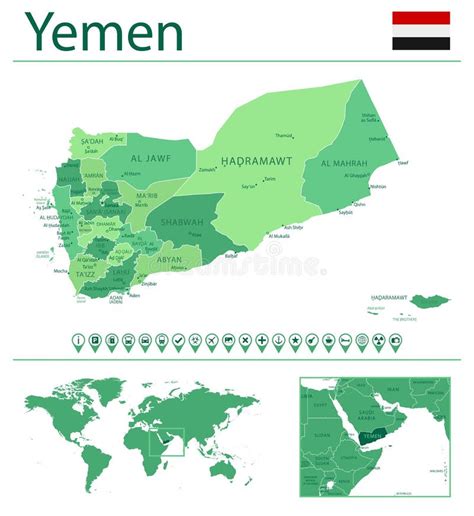 Yemen Detailed Map And Flag Yemen On World Map Stock Vector