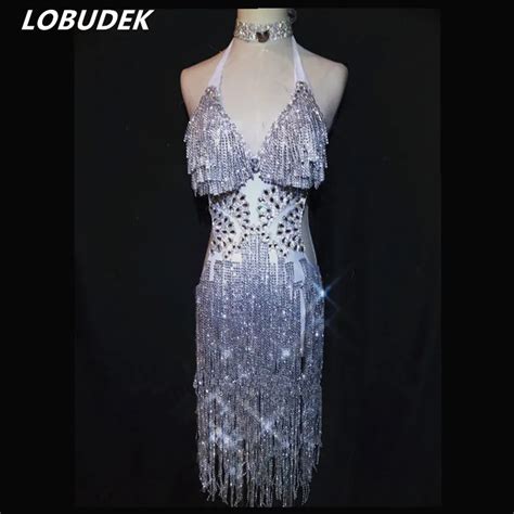 Buy Sexy Backless Silvery Crystals One Piece Dress Female Costumes Nightclub