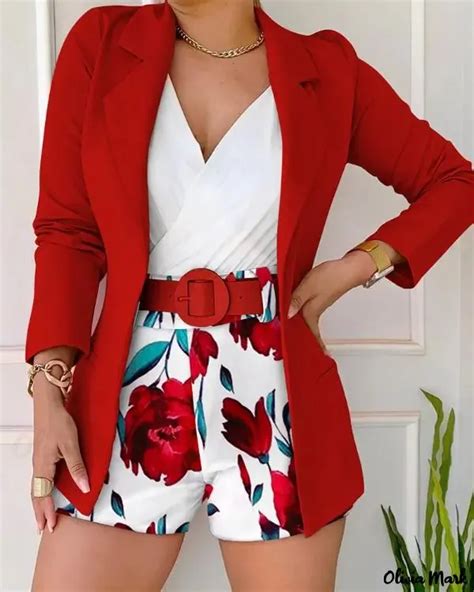 Olivia Mark Long Sleeve Blazer And Floral Print Shorts Set With Belt