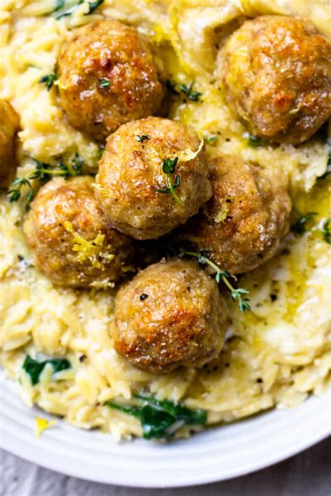 Baked Lemon Butter Chicken Meatballs With Creamy Spinach Orzo Modern Farmhouse Eats