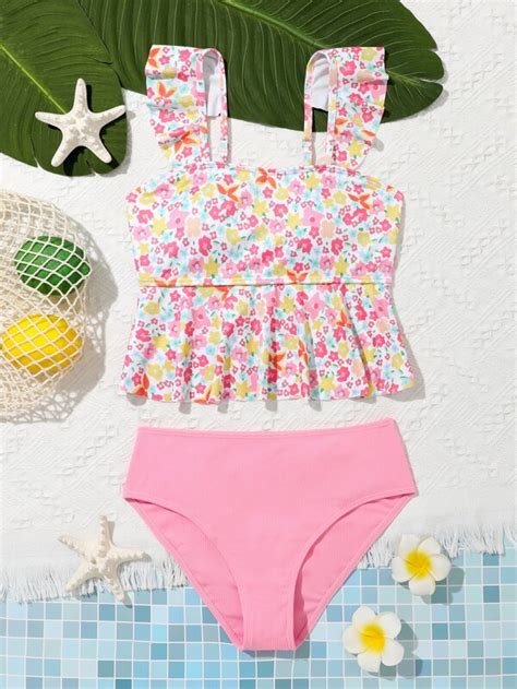 SHEIN Teen Girls Floral Print Ruffle Trim Bikini Swimsuit SHEIN USA